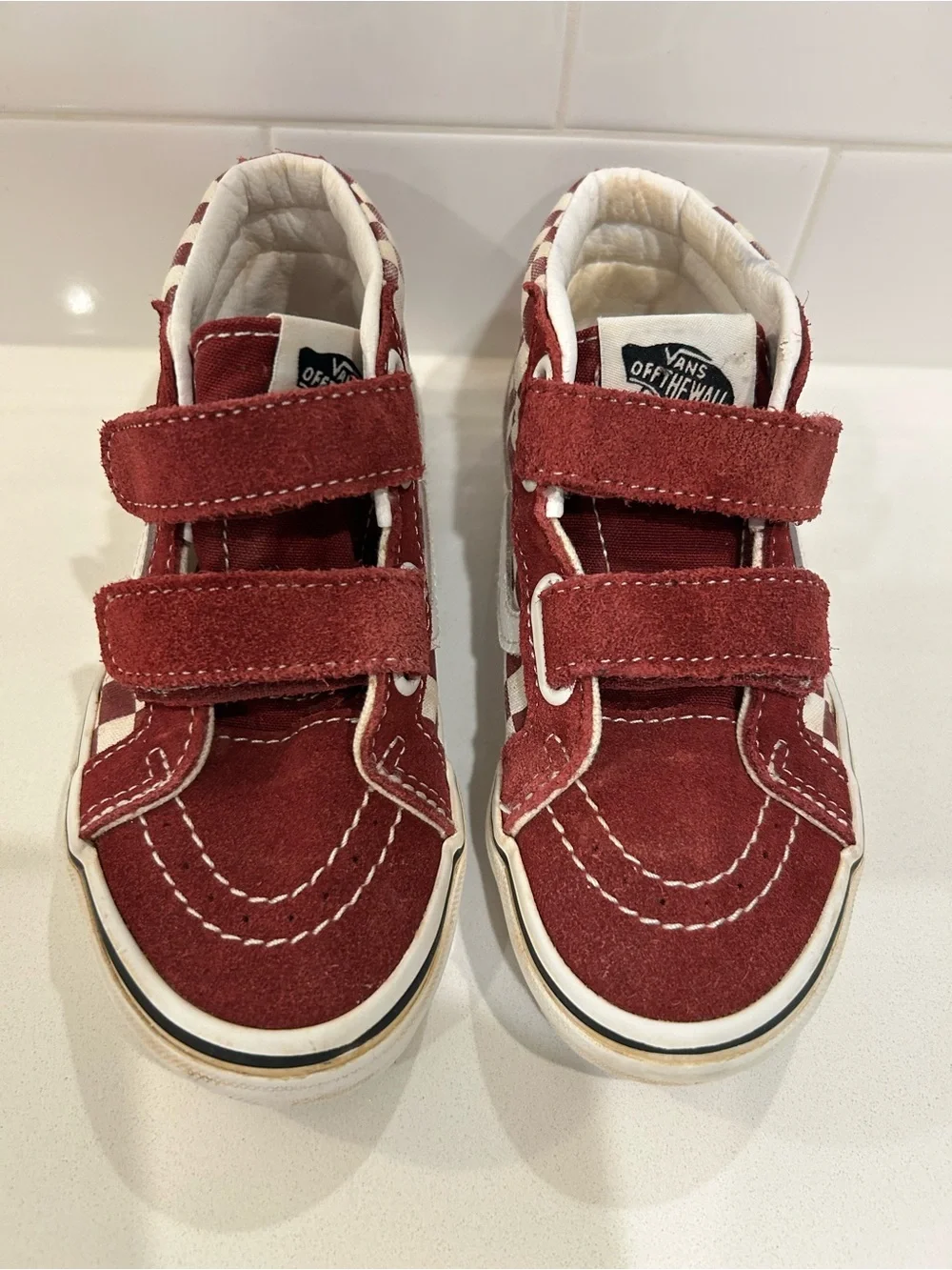 Preloved Vans Red/Maroon Checkerboard Mid Sk8 Kids Shoes Size 13!